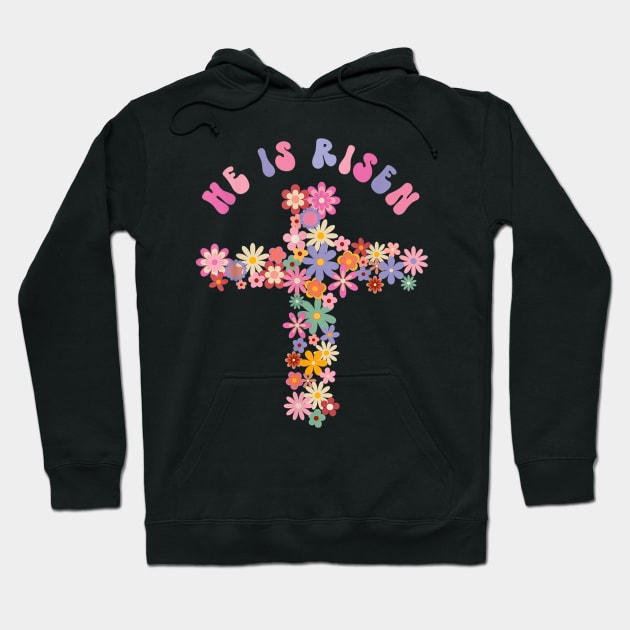 He Is Risen Easter Cross Christians Religious Hippie Groovy Hoodie by Jennifer Wirth